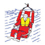 Load image into Gallery viewer, Illustration of a person in a life jacket and red safety harness being hoisted by a crane.
